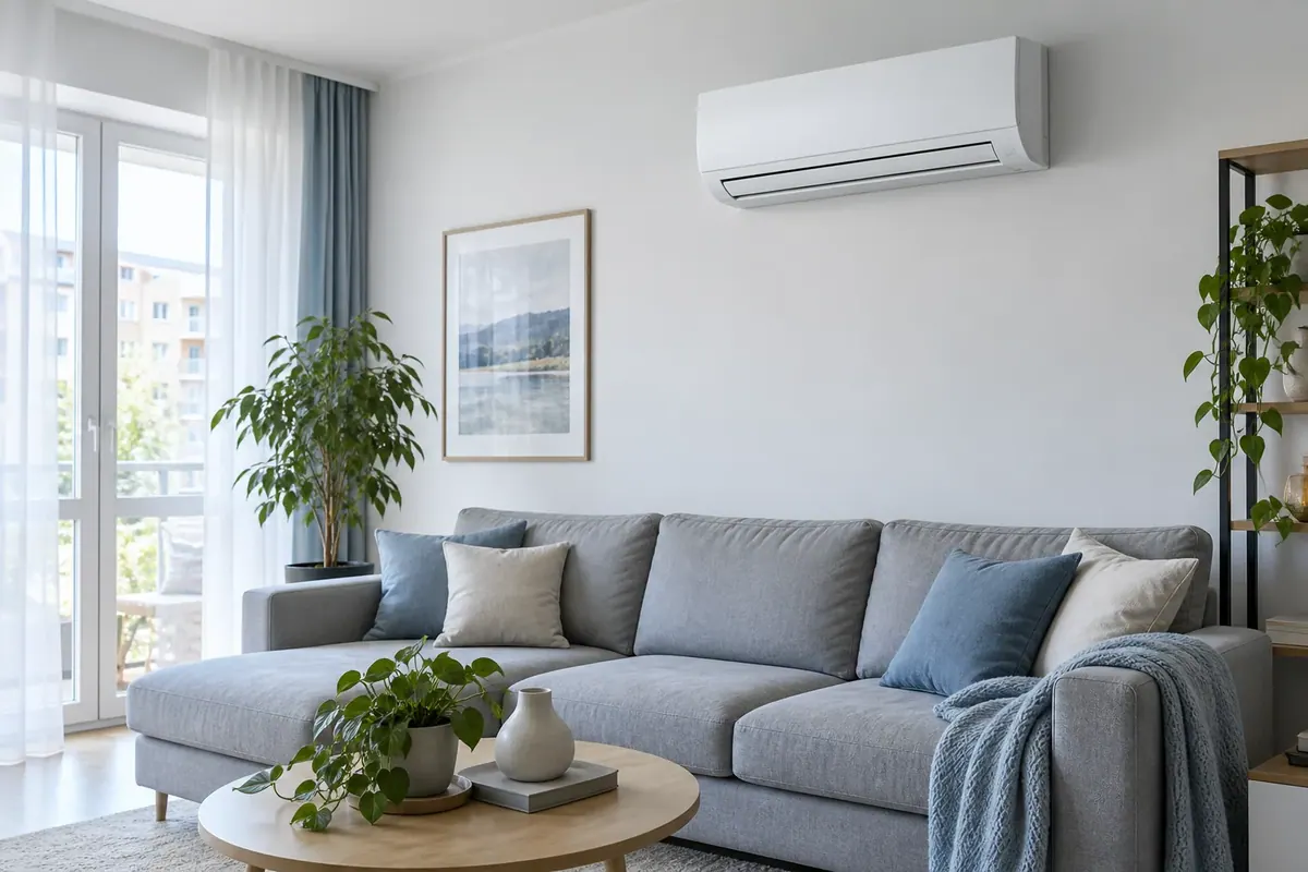 Split mural alb intr-un living luminos cu canapea gri