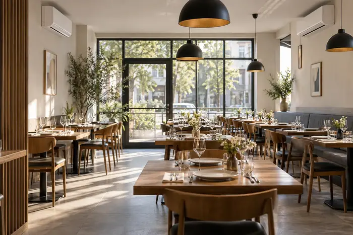 Splituri murale intr-un restaurant cu mese aranjate