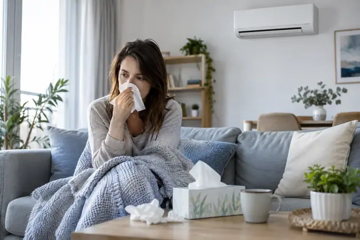 Femeie racita cu servetel, sub un aparat de aer conditionat