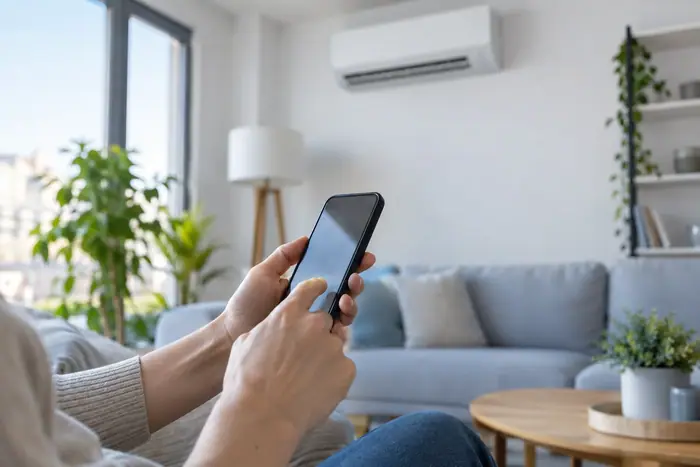 Mana cu telefon mobil in living, split pe perete