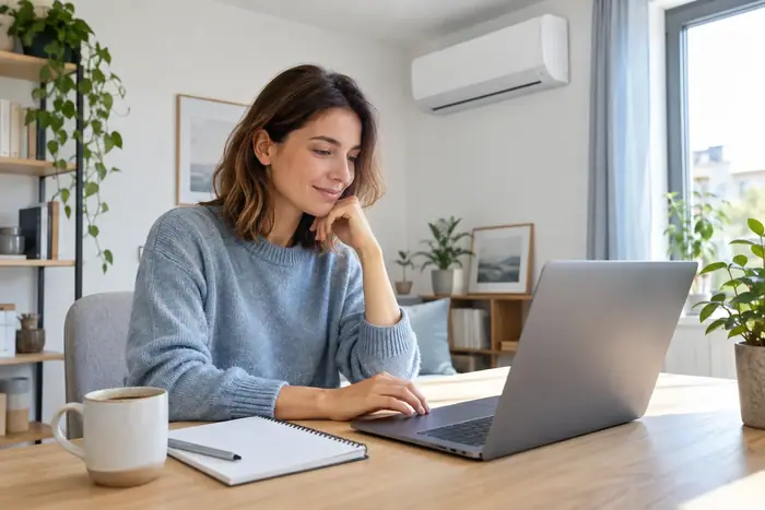 Femeie la laptop cautand informatii, split pe perete