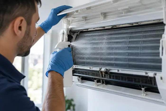 Tehnician inspecteaza evaporatorul cu lanterna