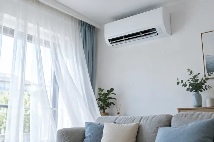 Split mural curat intr-un living cu perdele