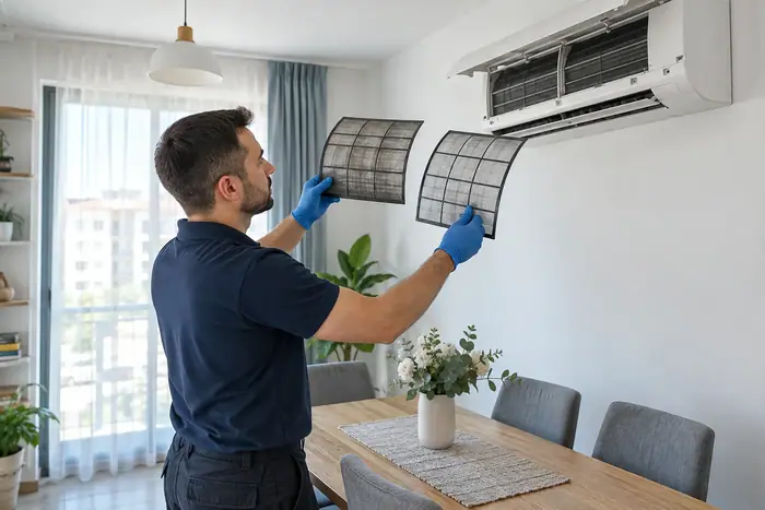 Tehnician tine un filtru scos, in sufragerie