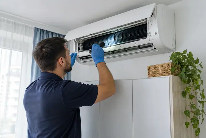 Tehnician inspecteaza evaporatorul deschis, bucatarie