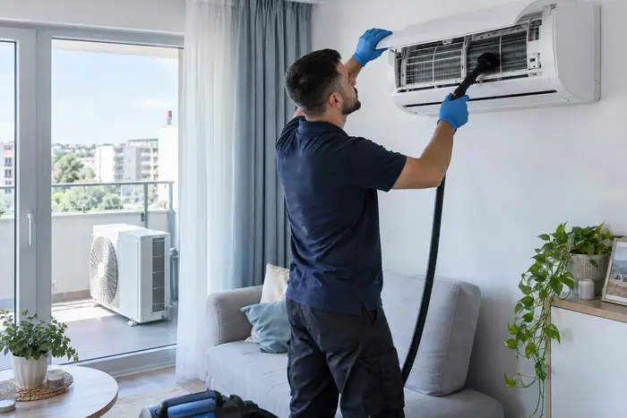 Tehnician spala splitul langa usa de balcon