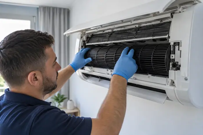 Prim-plan turbina expusa, tehnician o curata cu mana