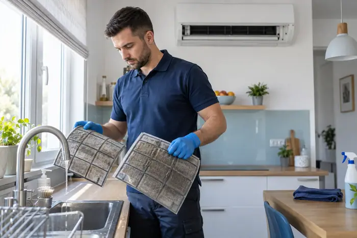 Tehnician compara doua filtre, unul murdar si unul curat, la chiuveta