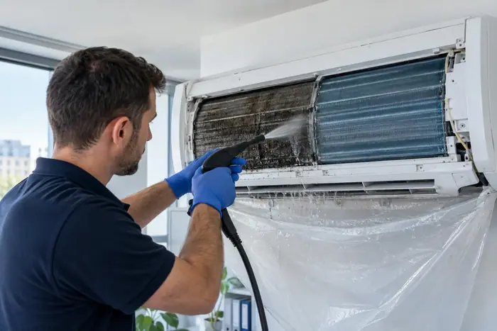 Spalare evaporator in husa neagra, prim-plan