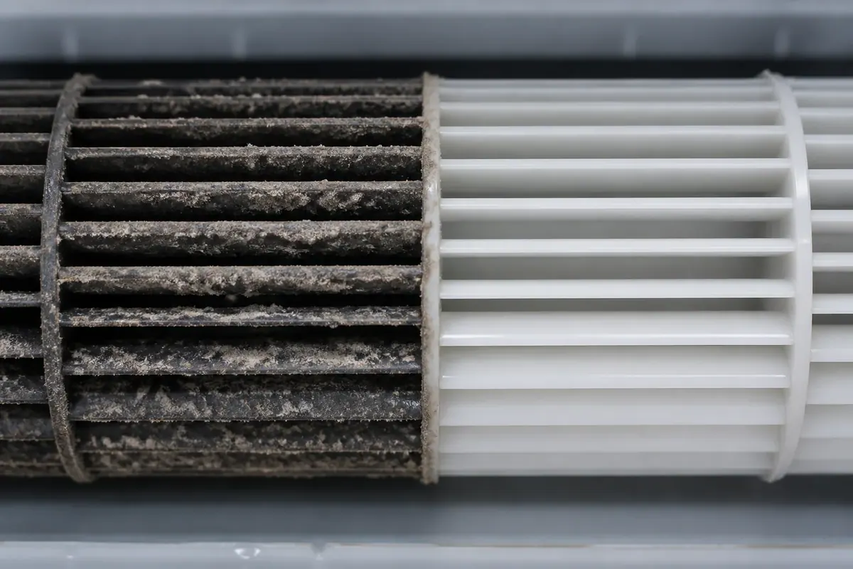 Turbina pe jumatate curatata, comparatie inainte-dupa