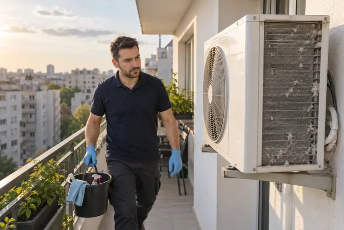Tehnician cu galeata merge spre unitatea exterioara pe balcon