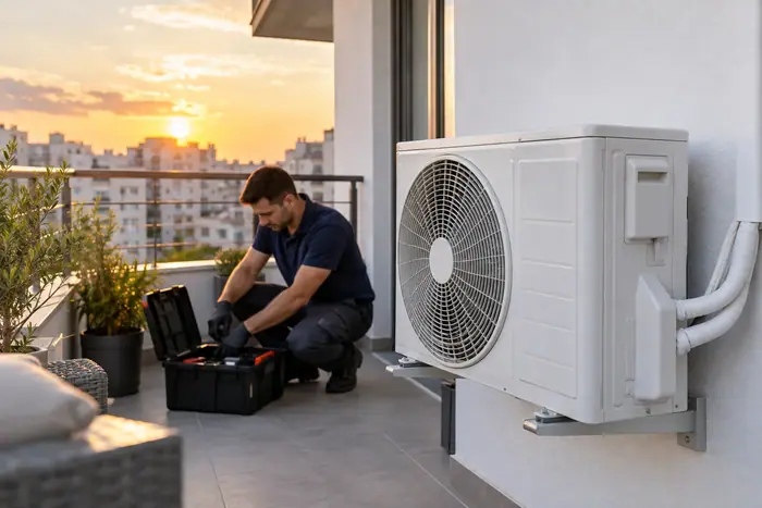 Tehnician la unitatea exterioara pe balcon, la apus