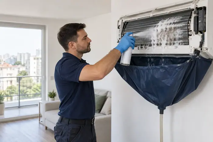 Tehnician cu husa neagra si pulverizator
