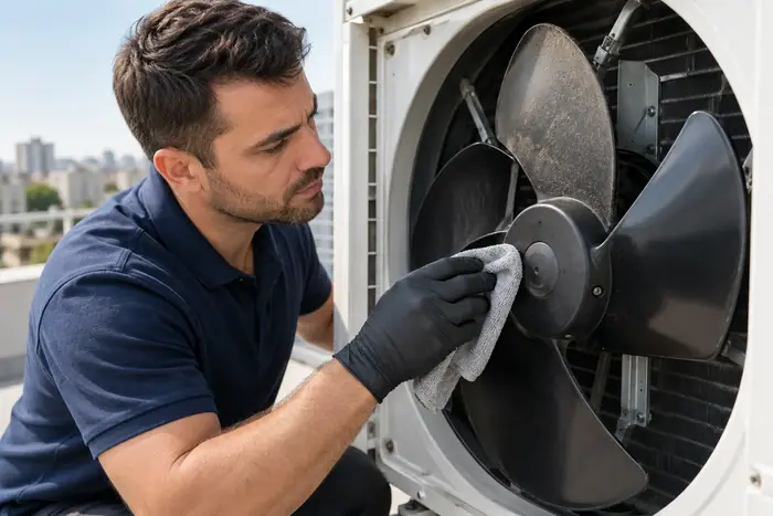 Tehnician sterge paletele ventilatorului exterior