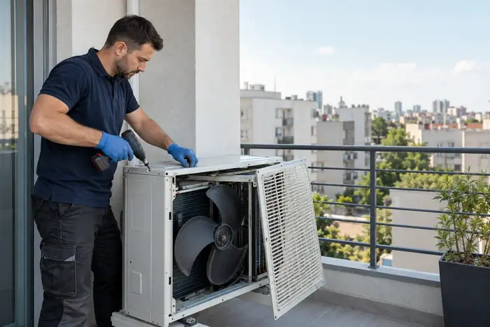 Tehnician deschide capacul unitatii exterioare pe balcon