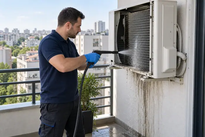 Tehnician spala unitatea exterioara pe balcon