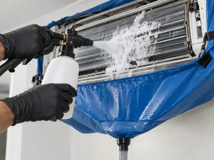 Pulverizare spuma pe evaporator in husa albastra, prim-plan