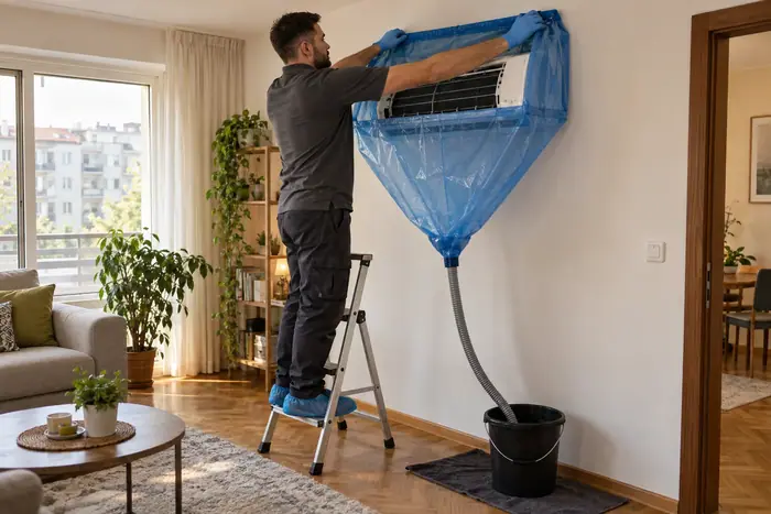Tehnician pe scara cu husa albastra, living
