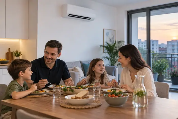 Familie la masa, split pe perete