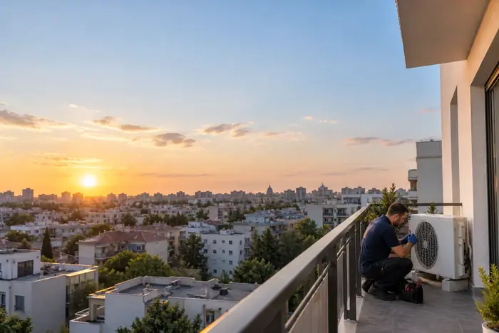 Tehnician la unitate exterioara pe balcon, apus panoramic