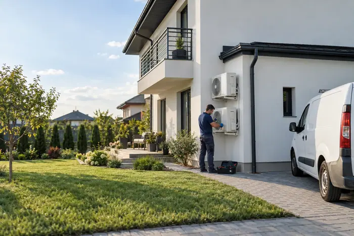 Casa cu unitati exterioare si duba de service in fata