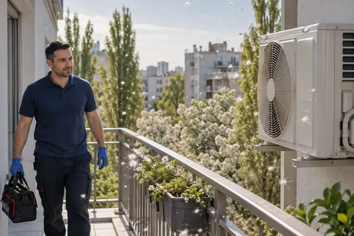 Tehnician cu geanta pe balcon langa unitatea exterioara