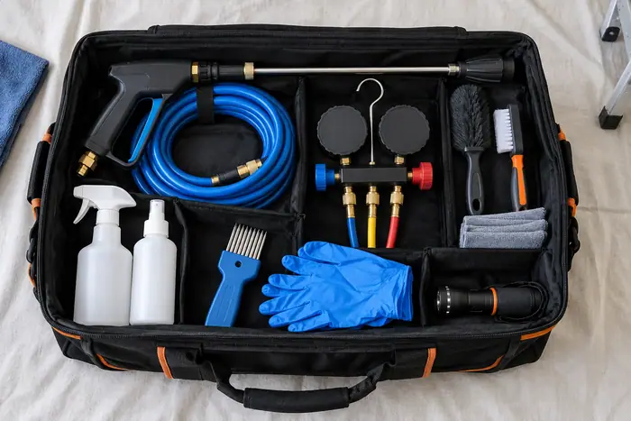Geanta cu kit de curatare: furtun, manometre, perii, pulverizatoare