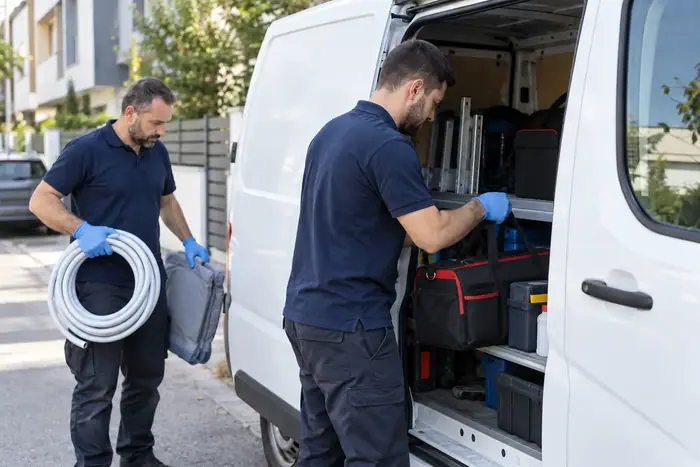Doi tehnicieni descarca teava si geanta din duba