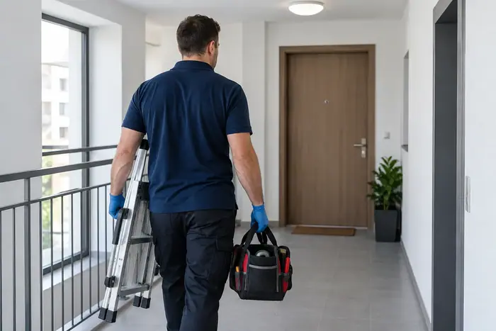 Tehnician cu scara si geanta pe holul blocului, usa de apartament