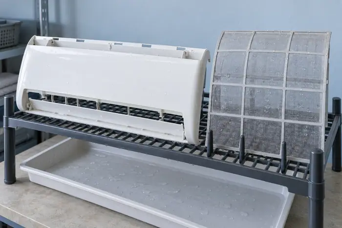 Uscarea la umbra a filtrului si a carcasei demontate, pe un suport ventilat