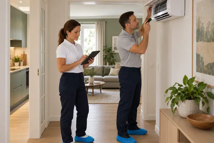 Tehnicieni inspecteaza aerul conditionat