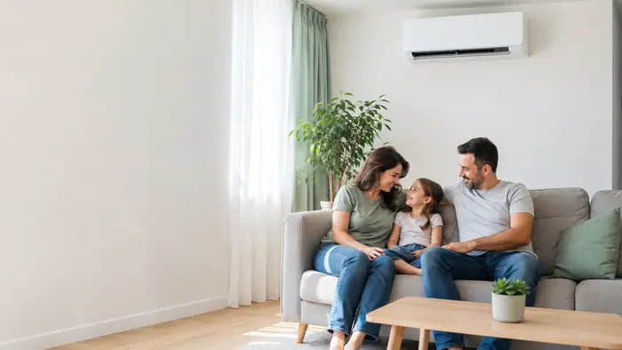 Familie relaxata intr-un living racoros