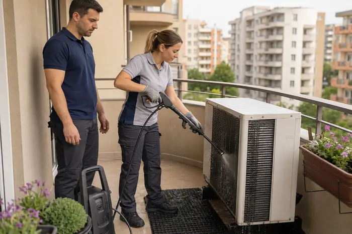 Curatarea unitatii exterioare pe un balcon din Bucuresti