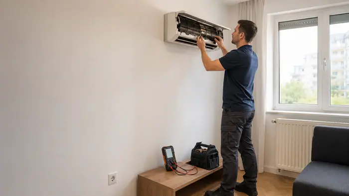 Inspectia aparatului de aer conditionat intr-o casa din Bucuresti