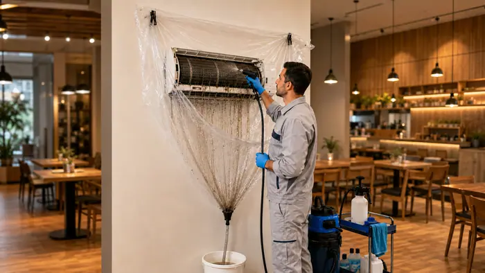 Curatarea unui aparat de aer conditionat intr-o cafenea