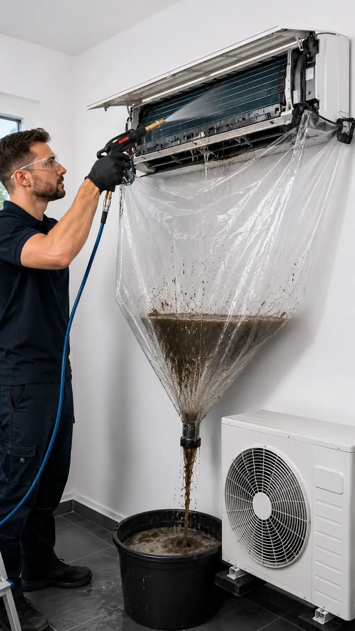 Curatare aer conditionat in desfasurare, sub husa